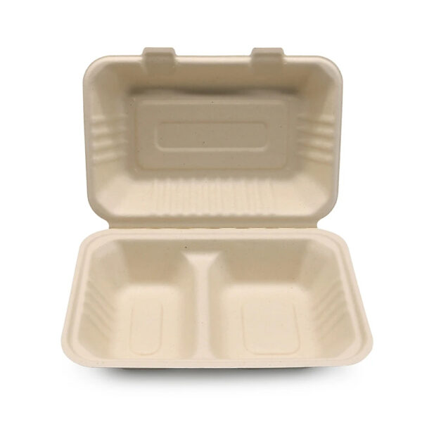 2-Compartment Bagasse Clamshell Takeout Food Box