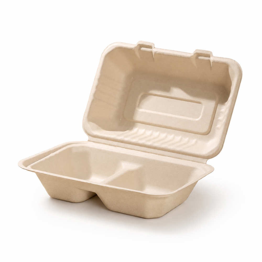 2-Compartment Bagasse Clamshell Takeout Food Box