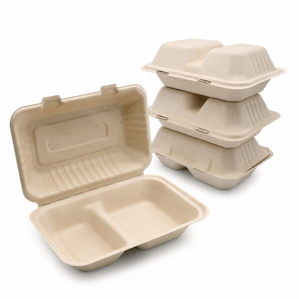 2-Compartment Bagasse Clamshell Takeout Food Box
