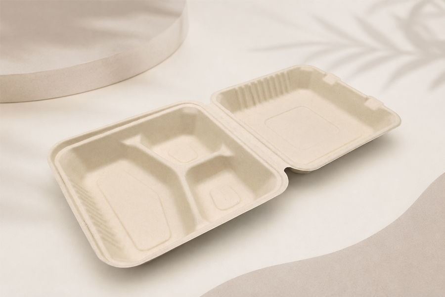 3-Compartment Bagasse-Style Clamshell Takeout Box