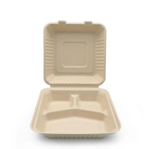 3-Compartment Bagasse-Style Clamshell Takeout Box