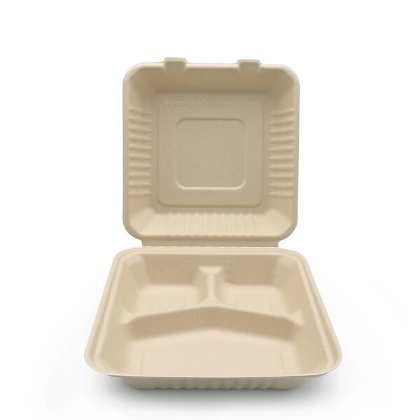 3-Compartment Bagasse-Style Clamshell Takeout Box 3-Compartment Bagasse-Style Clamshell Takeout Box