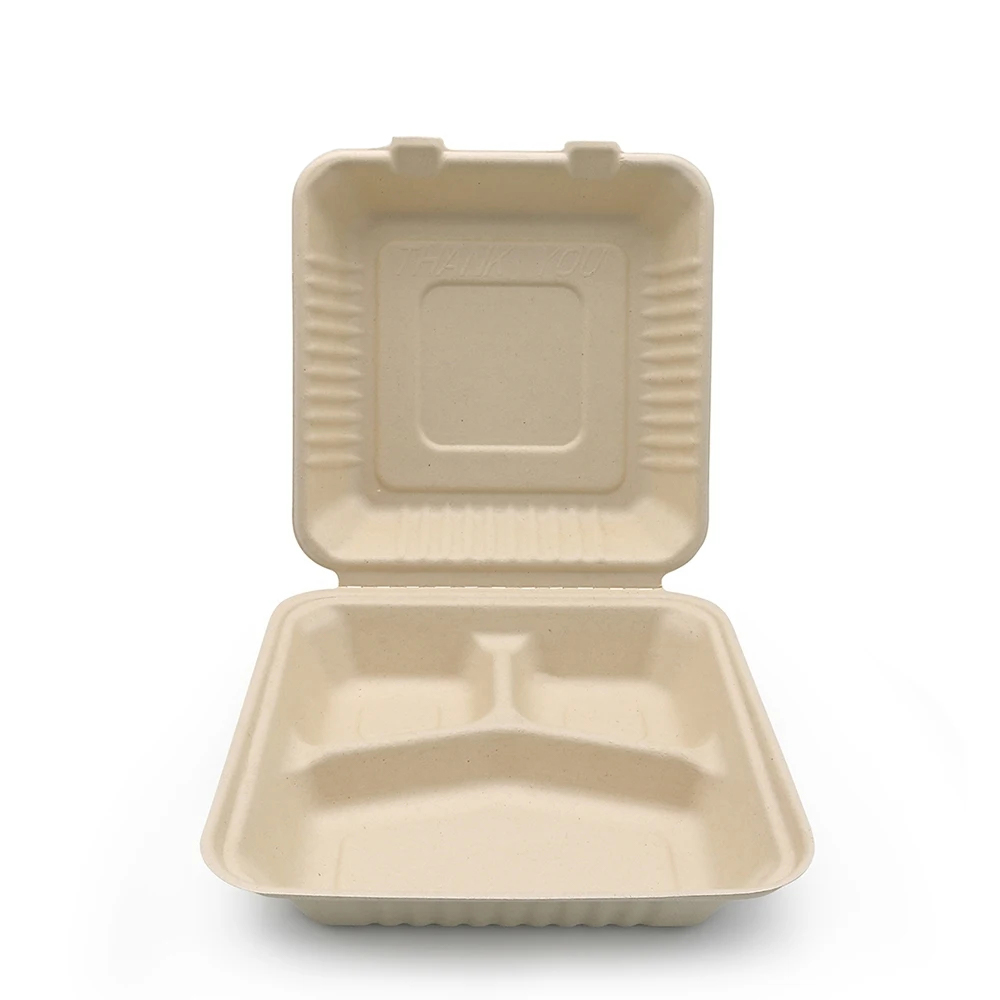 3-Compartment Bagasse-Style Clamshell Takeout Box