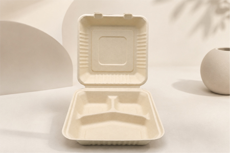 3-Compartment Bagasse-Style Clamshell Takeout Box
