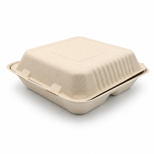 3-Compartment Bagasse-Style Clamshell Takeout Box 3-Compartment Bagasse-Style Clamshell Takeout Box