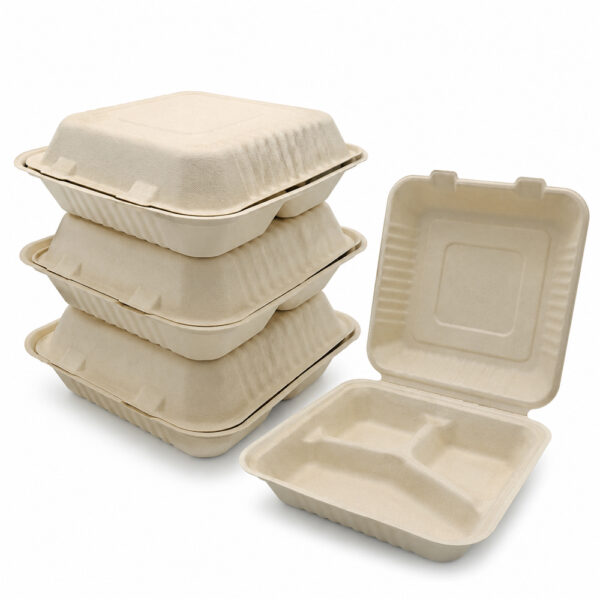 3-Compartment Bagasse-Style Clamshell Takeout Box 3-Compartment Bagasse-Style Clamshell Takeout Box