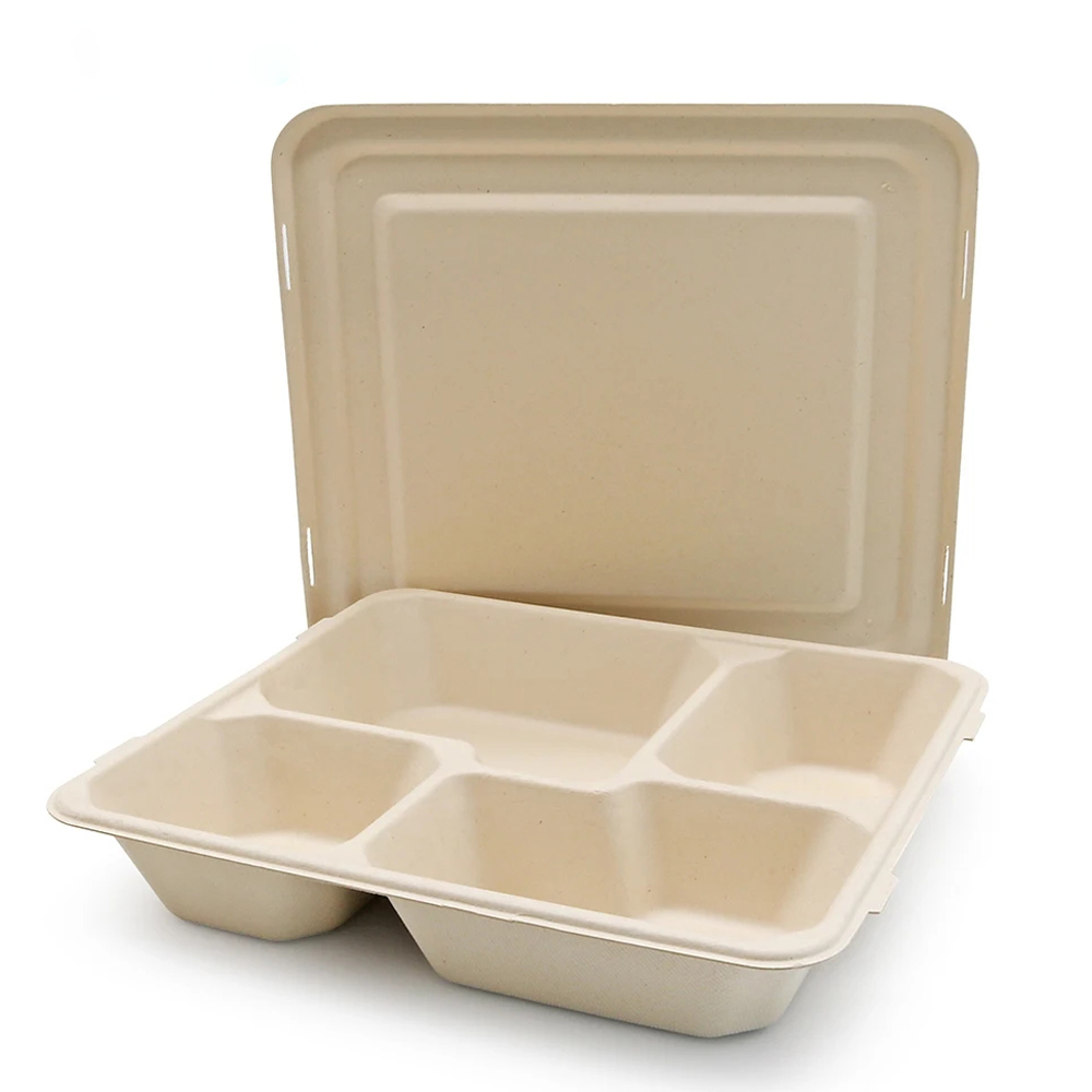 4-Compartment Bagasse Food Container with Lid
