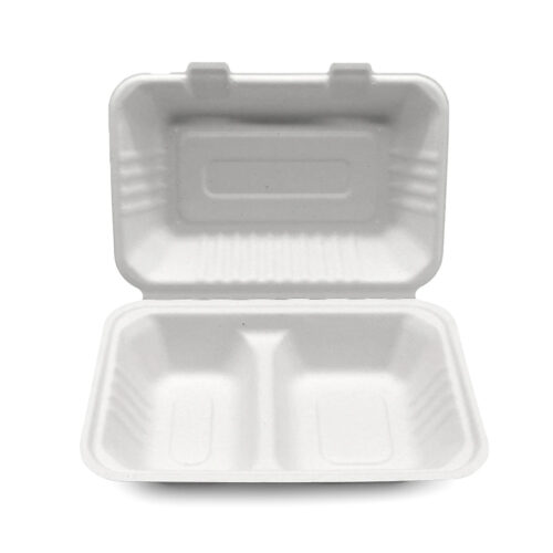 Bagasse 2-Compartment Clamshell Takeout Box Bagasse 2-Compartment Clamshell Takeout Box