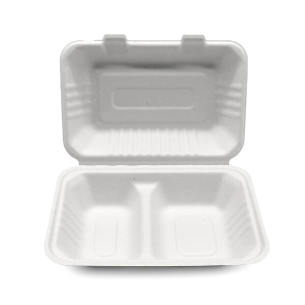 Bagasse 2-Compartment Clamshell Takeout Box Bagasse 2-Compartment Clamshell Takeout Box