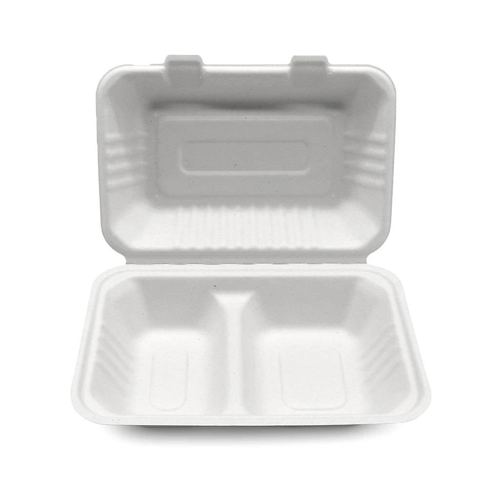 Bagasse 2-Compartment Clamshell Takeout Box