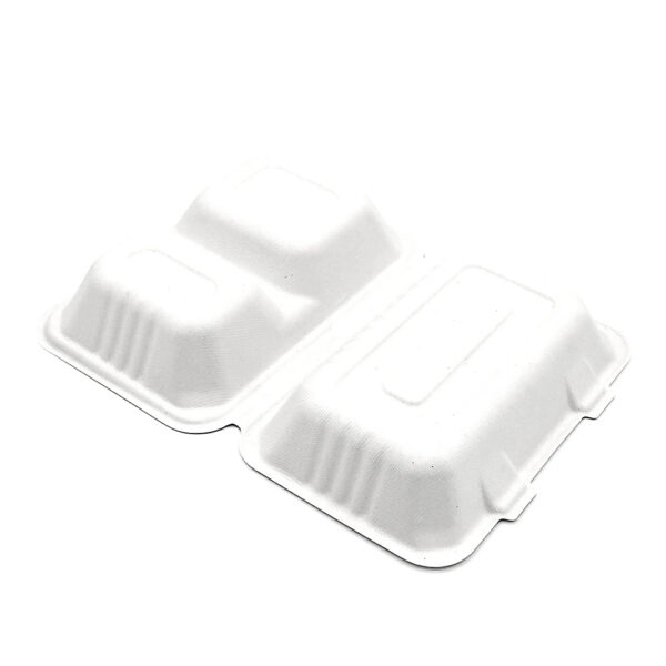 Bagasse 2-Compartment Clamshell Takeout Box Bagasse 2-Compartment Clamshell Takeout Box