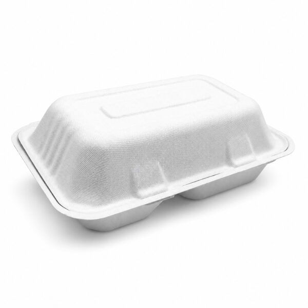 Bagasse 2-Compartment Clamshell Takeout Box Bagasse 2-Compartment Clamshell Takeout Box