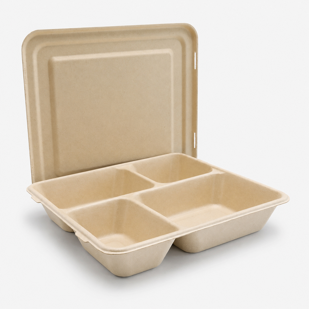 Bagasse 4-Compartment Meal Tray with Lid for Takeout
