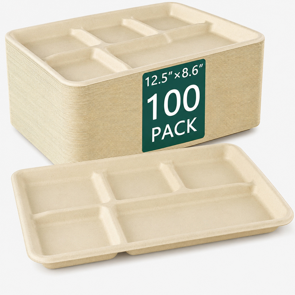 Bagasse 5-Compartment Tray for Foodservice Meals