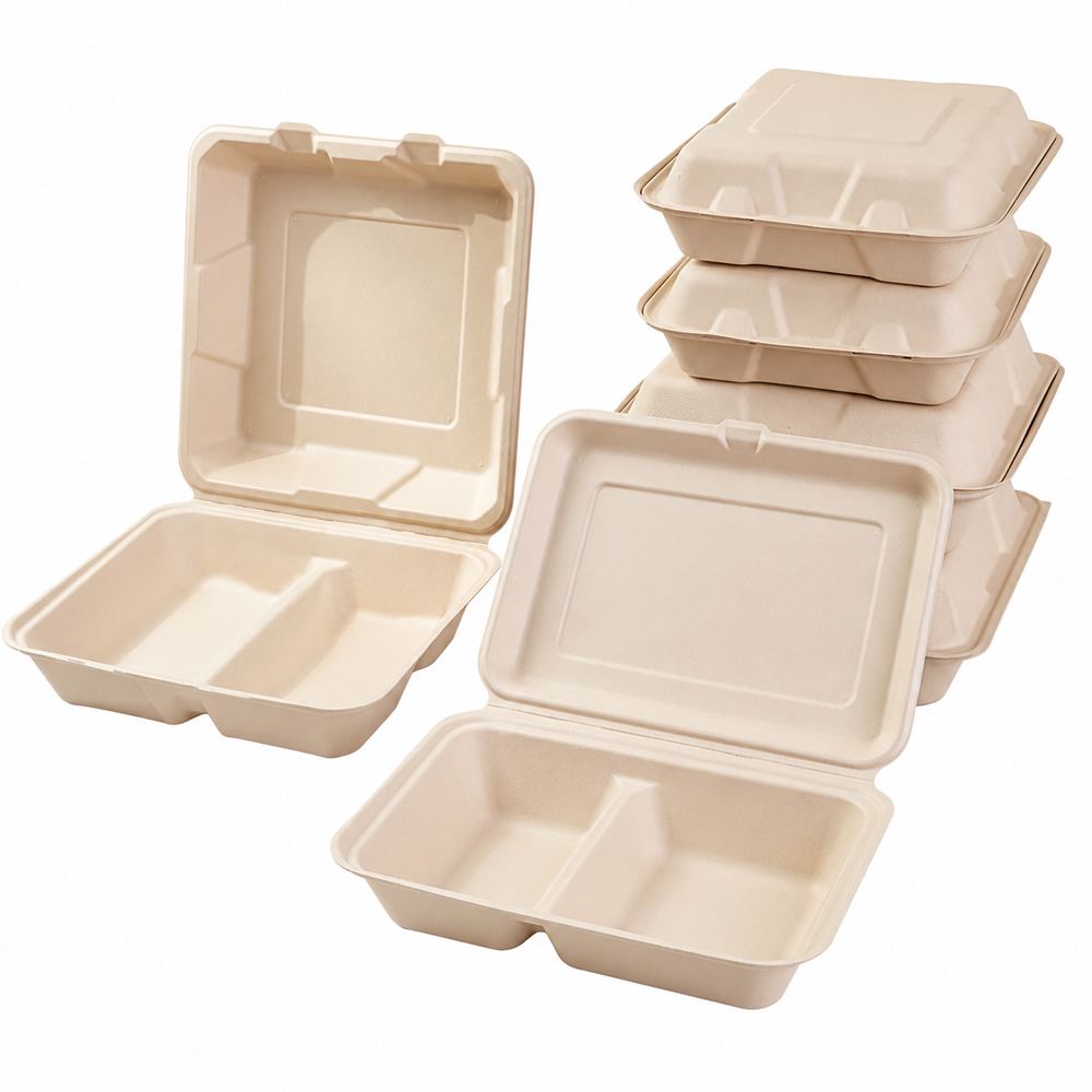 Bagasse Clamshell Box with Compartments for Meals