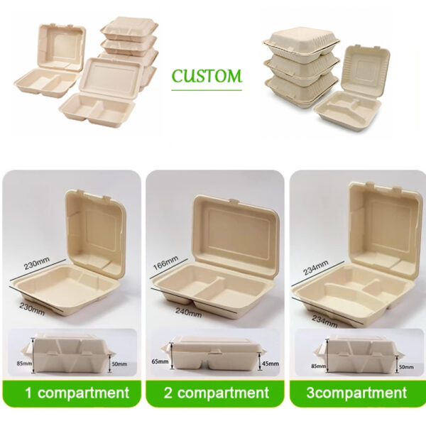 Bagasse Clamshell Box with Compartments for Meals Bagasse Clamshell Box with Compartments for Meals