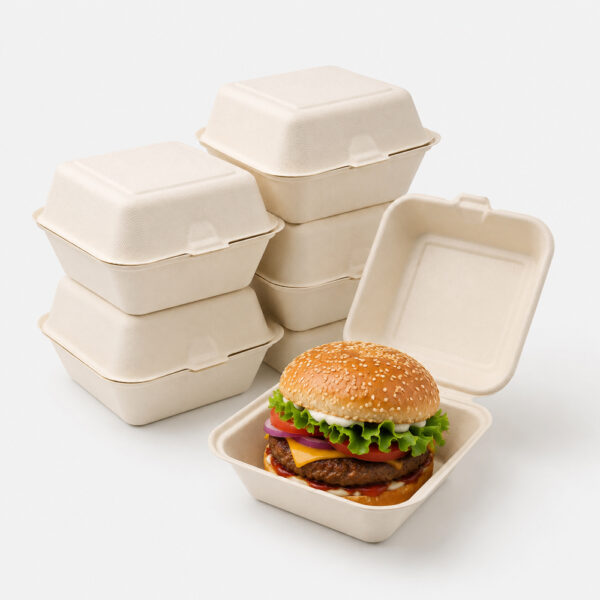 Bagasse Clamshell Takeout Box for Burger Packaging