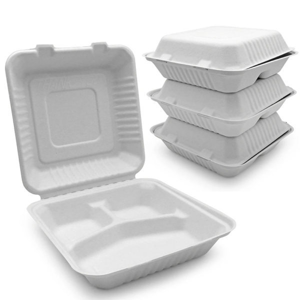 Bagasse Clamshell Takeout Box with Compartments