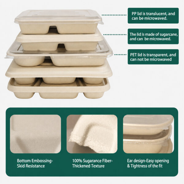 Bagasse Compartment Tray with Lid Options