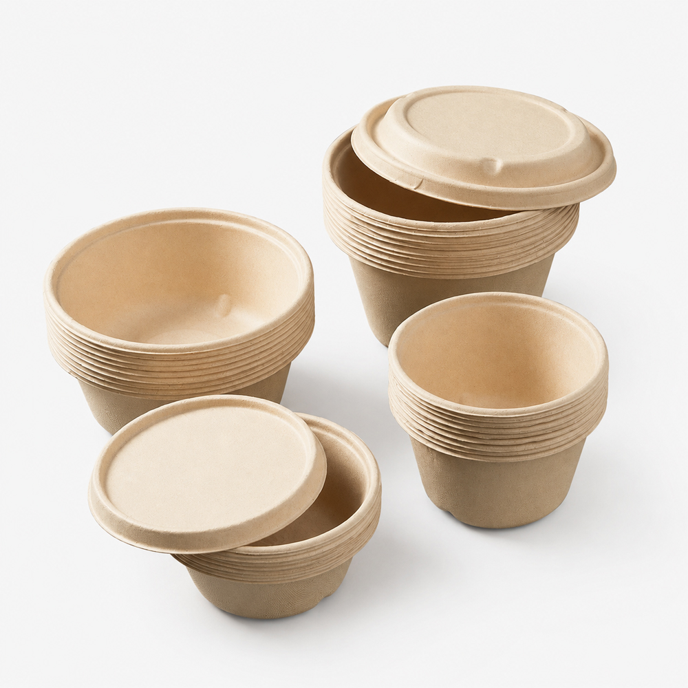 Bagasse Round Bowl Set with Separate Lids