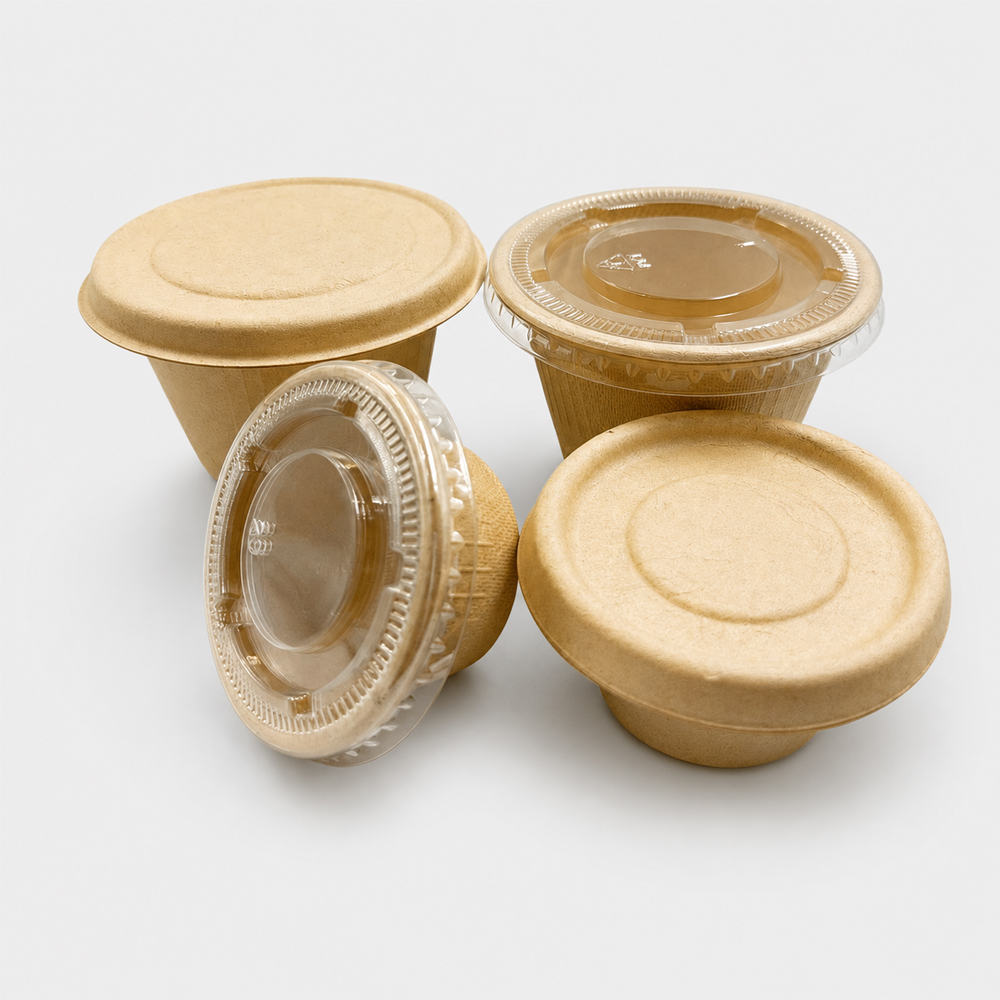 Bagasse Sauce Cup with Fitted Lid Options