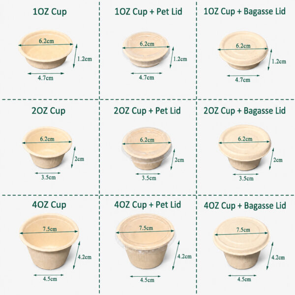 Bagasse Sauce Cup with PET and Fiber Lid Options