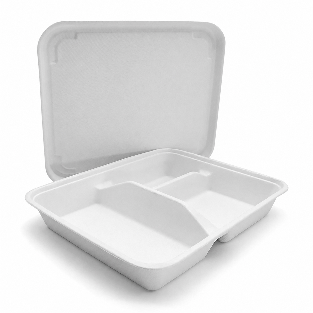 Bagasse-Style 3-Compartment Tray with Lid