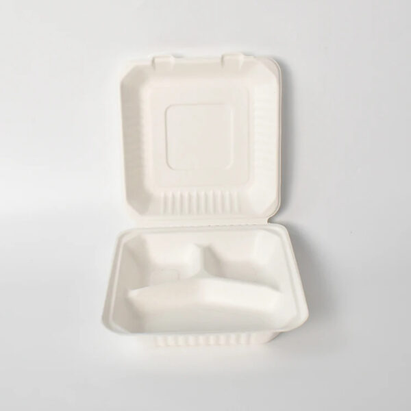 Bagasse-Style Clamshell Meal Box with 3 Compartments