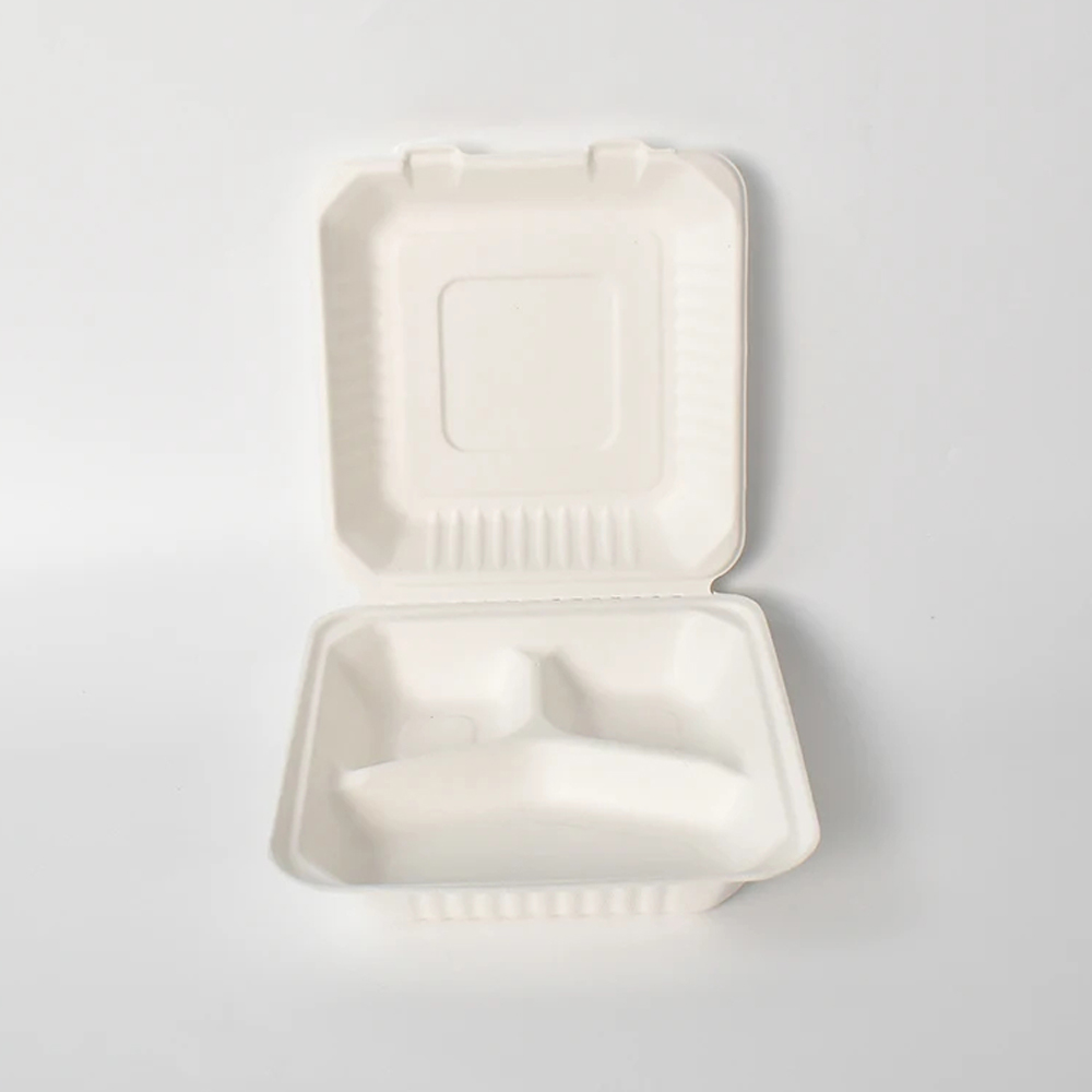 Bagasse-Style Clamshell Meal Box with 3 Compartments