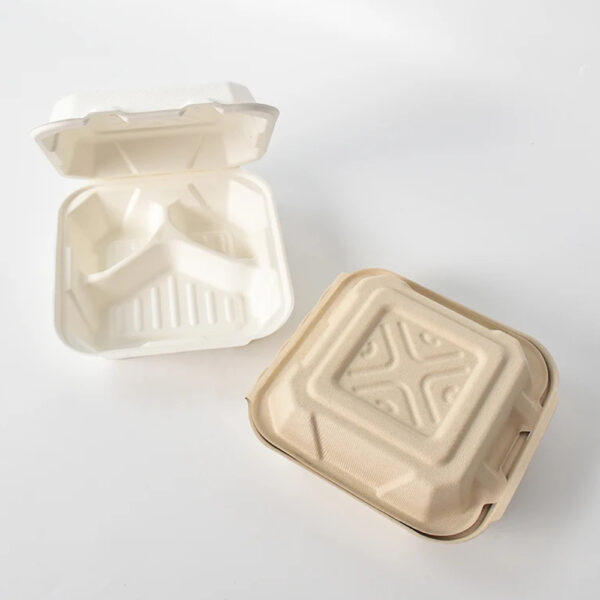 Bagasse-Style Clamshell Meal Box with 3 Compartments