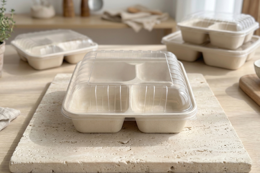 Bagasse clamshell box for burgers, rice meals, and prepared food packaging