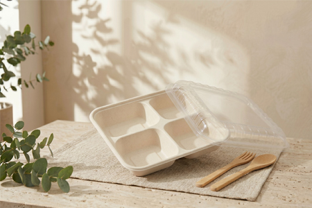 Bagasse clamshell box for burgers, rice meals, and prepared food packaging