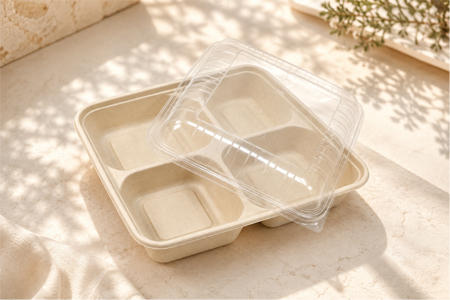 Bagasse clamshell box for burgers, rice meals, and prepared food packaging