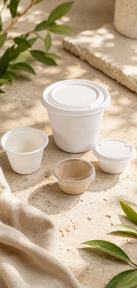Bagasse condiment cups for supermarkets, meal prep, and foodservice distributors