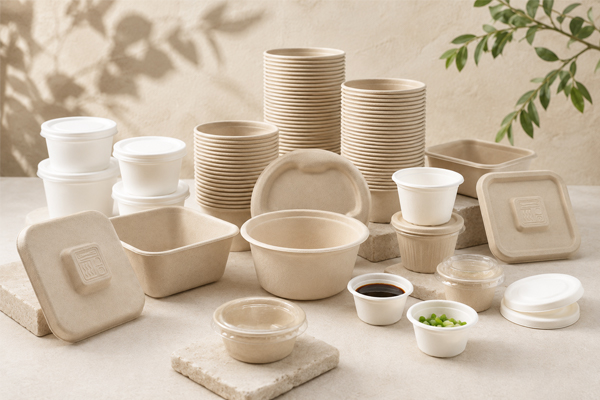 Bagasse portion cups with matching lids for foodservice packaging