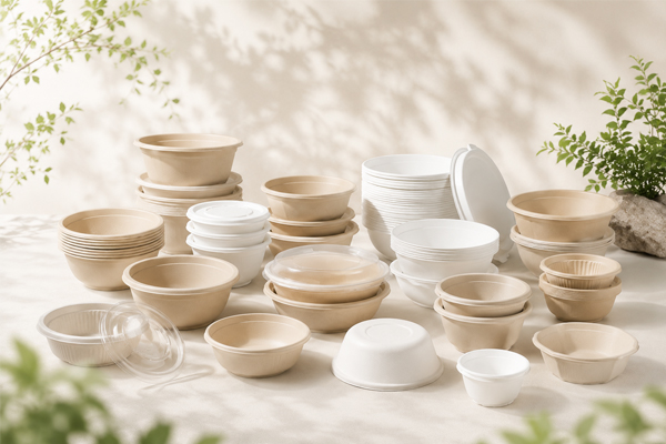 Bagasse soup bowls for hot soups, sauced dishes, catering, and delivery food packaging