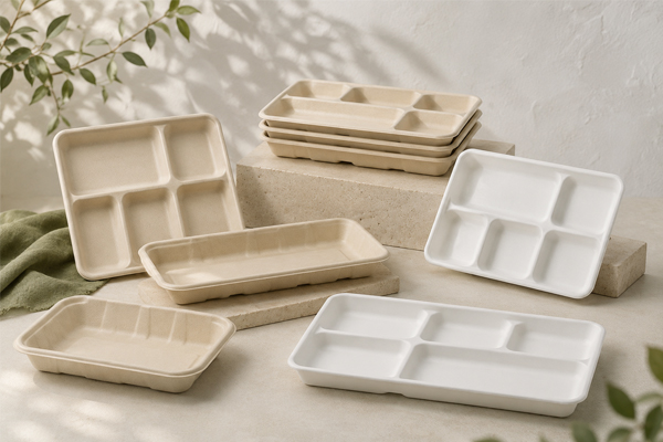 Biodegradable sugarcane tray for retail food packaging