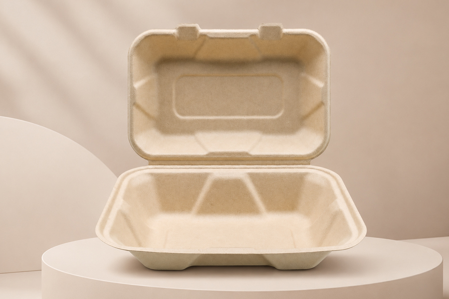 Compostable bagasse clamshell box for takeaway food packaging