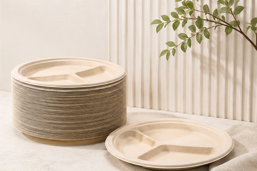 Compostable bagasse plates for restaurants, catering, and takeaway foodservice