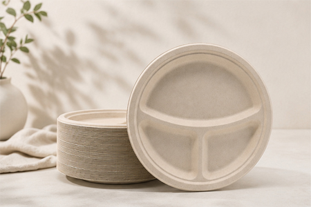Compostable bagasse plates for restaurants, catering, and takeaway foodservice