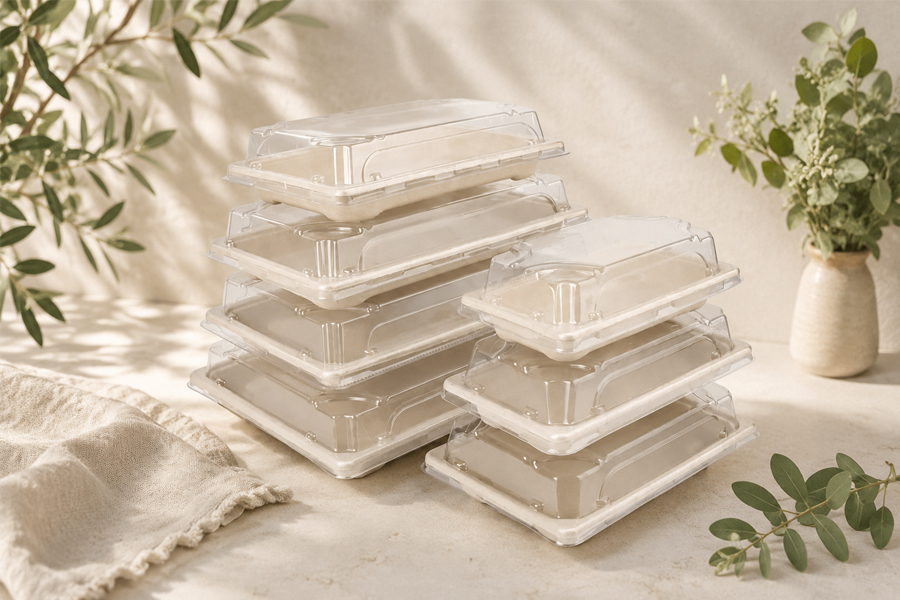 Compostable bagasse tray for catering meal programs