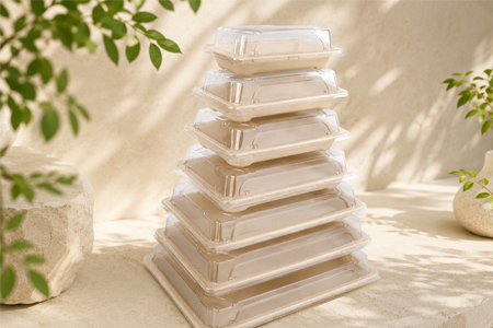 Compostable bagasse tray for catering meal programs
