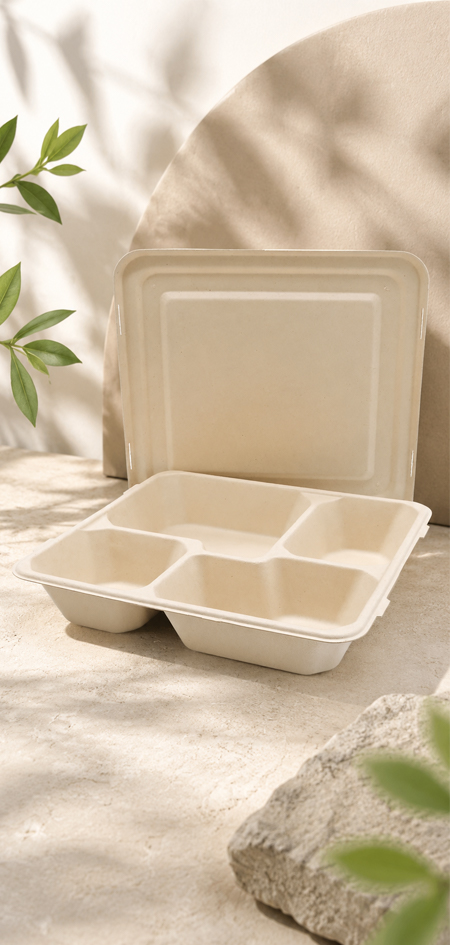 Compostable sugarcane food containers as an alternative to plastic packaging