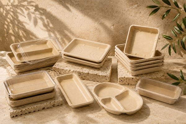 Compostable sugarcane pulp tray for takeaway meals