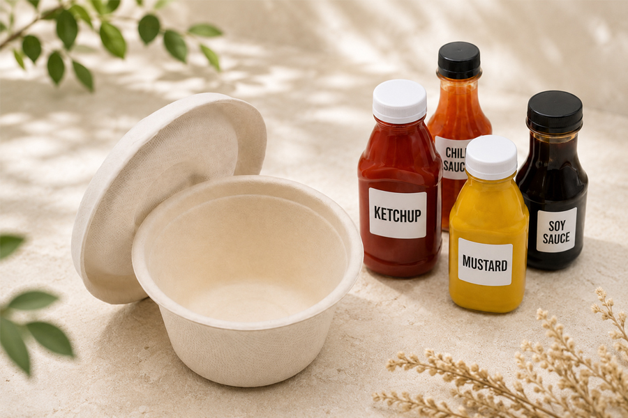 Compostable sugarcane sauce cups for restaurant and deli counters