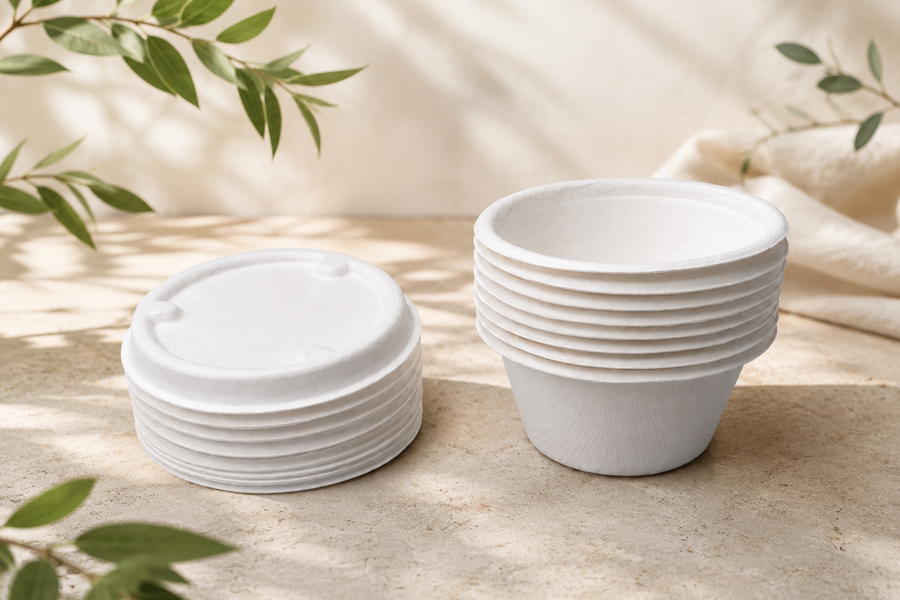 Disposable bagasse sauce cups with lids for wholesale foodservice supply