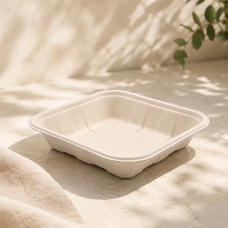 Disposable bagasse tray for hot and cold foods