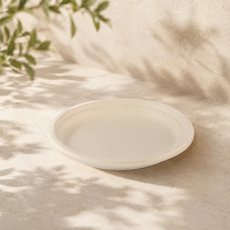 Disposable sugarcane plates for takeout, catering, and supermarket packaging