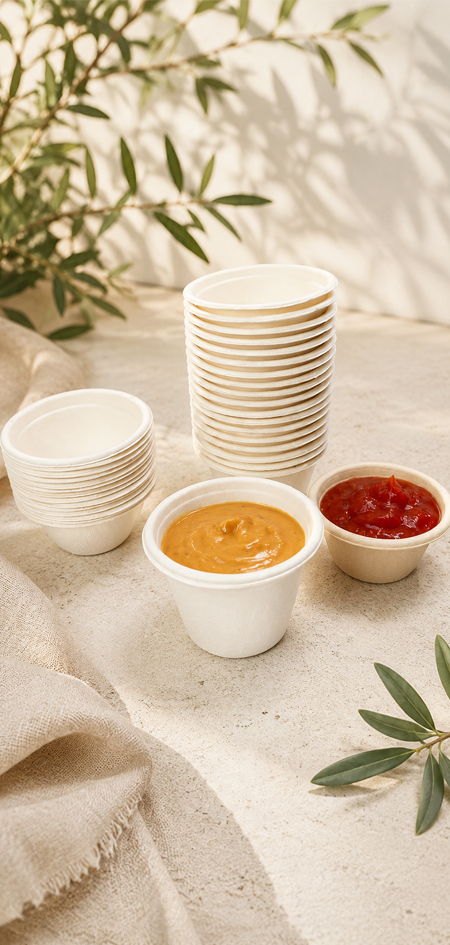 Eco-friendly molded pulp sauce cups made from sugarcane bagasse