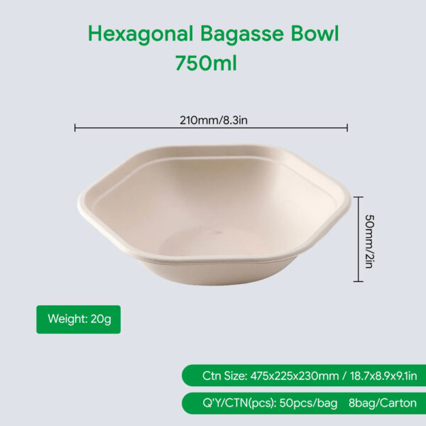 Hexagonal Bagasse Bowl with PET Lid, 750ml Hexagonal Bagasse Bowl with PET Lid, 750ml